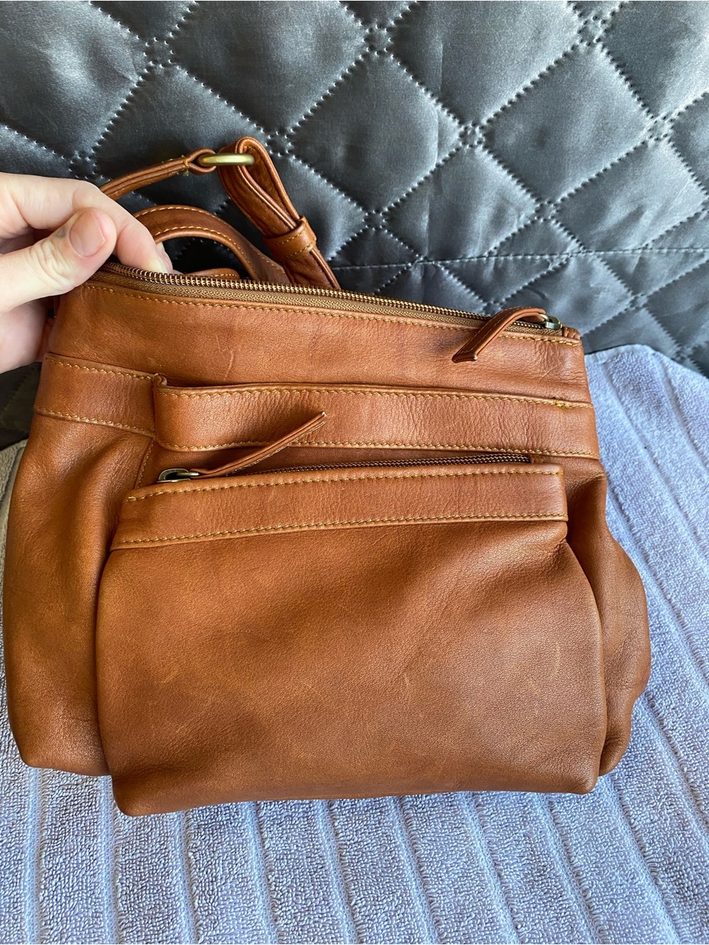 Derek Alexander Cognac Leather Multi-Pocket Crossbody Bag